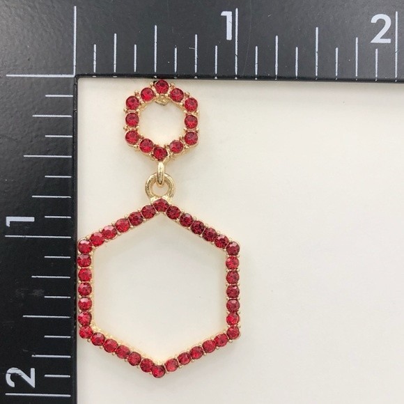 🌼 Red Rhinestone Hexagon Fancy Drop Earrings - Picture 2 of 2